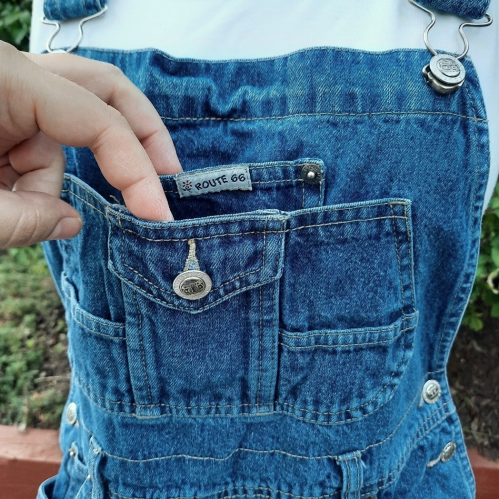 Route 66 Vintage 90's Denim Shortalls Bib Overalls Frayed Shorts Jeans Jorts - Picture 9 of 15